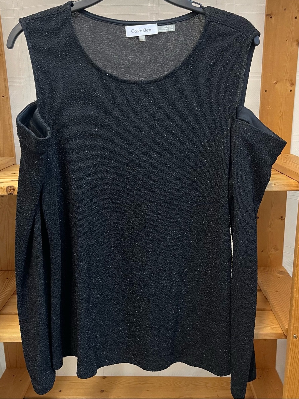 Calvin Klein L Large Black Sparkle Cold-Shoulder Long Sleeve Blouse Office Siren